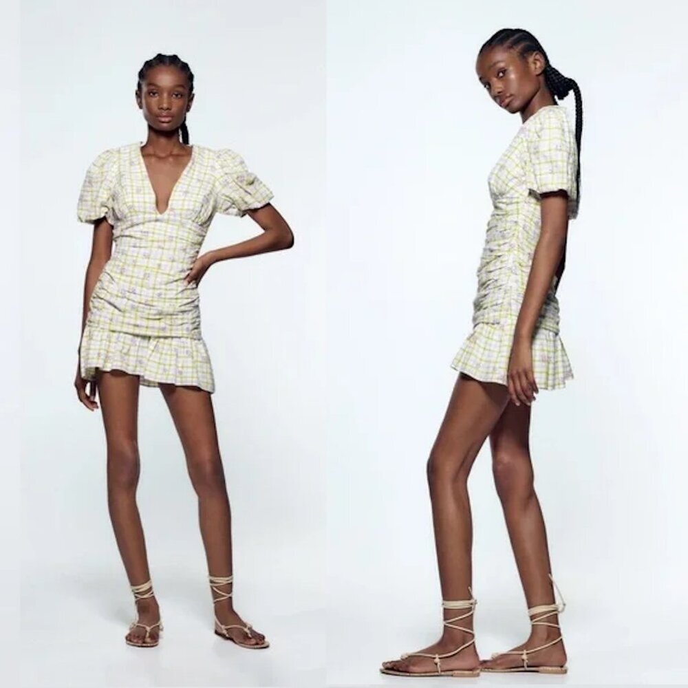NWT New Zara Plaid Draped Balloon Sleeve Mini Dress Size L
